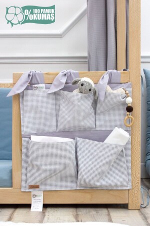 Seitlicher Organizer für das Kinderbett für Neugeborene – Babyzimmer-Organizer mit 5 Fächern – Kariertes Muster – Svalbard-Serie - 2