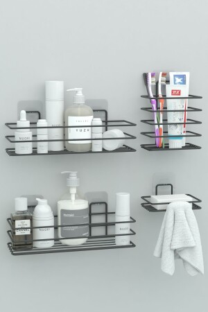 Selbstklebendes Badezimmer-Set, Duschregal + Seifenschale + Zahnbürstenhalter, Metall-Set - 4