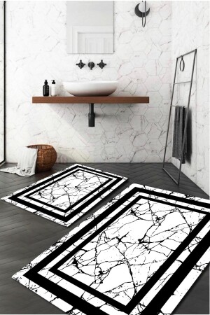 Şerit Detaylı Mermer Desenli 2'li Banyo Paspas Takımı (60x100-40x60) - Wlly217 - 2