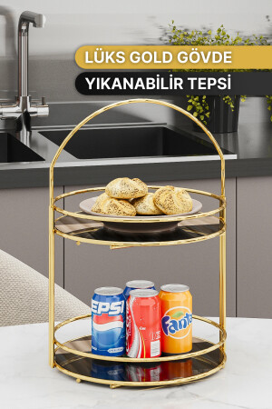 Servis Sunum Ikramlık Gold Büyük Lüks 2 Katlı 40cm Organizer Mutfak Düzenleyici Pasta Standı BinoGold508 - 5