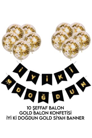 Set „Alles Gute zum Geburtstag“ mit schwarzem Blattgold-Bannertext und transparentem Ballonset mit goldenem Konfetti - 4