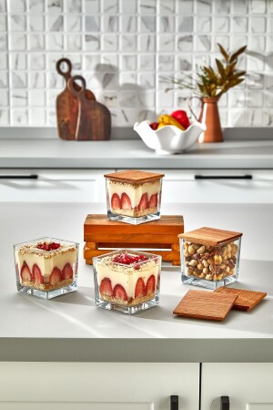 Set aus 4 Luxus-Dessert- und Magnolienschalen aus Glas mit Holzdeckel – Quadratisches Eis-/Snackschalen-Set – P - 2