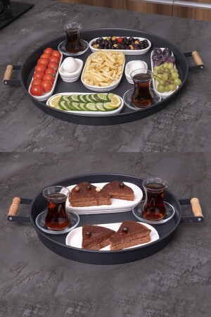 Set mit 2 Holzgriffen, 51 cm Metalltablett und 37 cm Tablett, Präsentationstablett für Tee, Kaffee, MİM2LİMETALTEPSIİ - 1