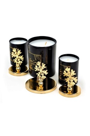 Set mit 3 schwarzen Tassenkerzen mit goldener Schneeflocke und dekorativer roter Geschenkbox - 4