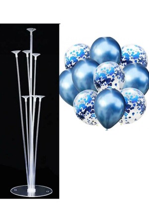 Set mit 7 Ballonständern und 10 metallisch blauen und transparenten Konfetti-Luftballons - 2