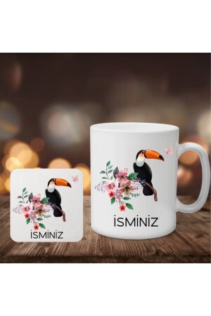 Set mit personalisiertem Namensaufdruck, Tukan-Vogel-Motiv, Tee-, Kaffeetasse und Pilz-Untersetzern FSGK1003 - 1