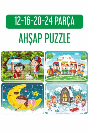 Sevimli Tavşanlar Ve Biz, Tren, Yılbaşı Ve Karda Oyun, Aydede Ahşap 4'lü Puzzle Seti A41628 - 1