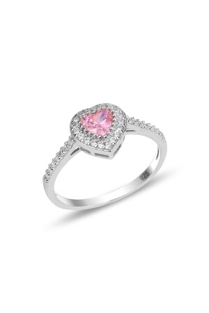 Silberner Rhodium-Diamant-Modell-Herzring mit rosa Stein - 1