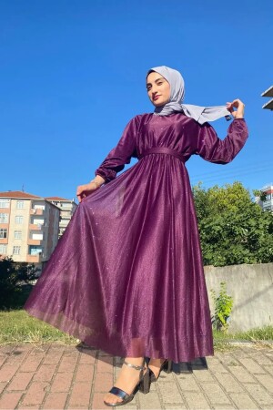 Silbernes lachsfarbenes Hijab-Abendkleid mit Taillengürtel, silbernes Abendkleid - 1