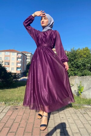 Silbernes lachsfarbenes Hijab-Abendkleid mit Taillengürtel, silbernes Abendkleid - 3