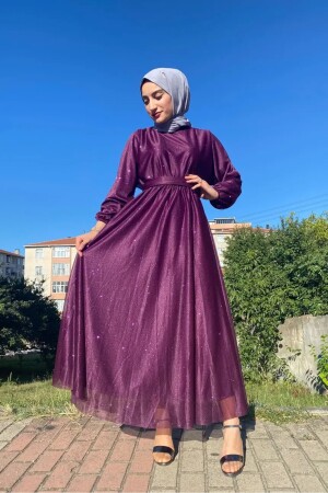 Silbernes lachsfarbenes Hijab-Abendkleid mit Taillengürtel, silbernes Abendkleid - 4