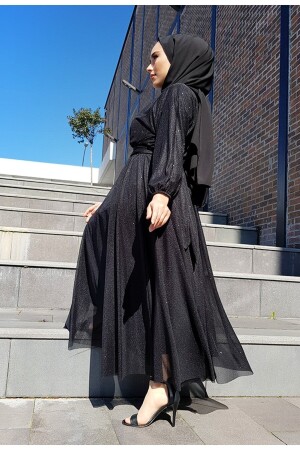 Silbrig-schwarzes Hijab-Abendkleid mit Taillengürtel - 3