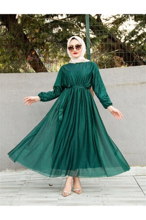 Silbrig-smaragdgrünes Hijab-Abendkleid mit Taillengürtel - 1