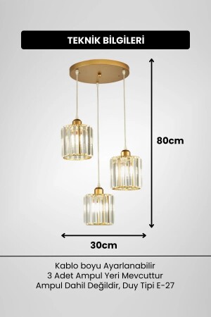 Simora Model Gold Renk Kaplama Kristal Taşlı Metal Gövde Modern Estetik Tavan Üçlü Sarkıt Avize - 4