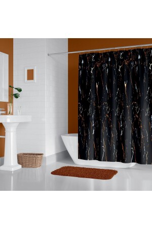 Siyah Mermer Desenli Banyo Perdesi, 180x200cm Duş Perdesi-tek Kanat Duş Perdesi-c Halka Hediyeli 8601 - 3