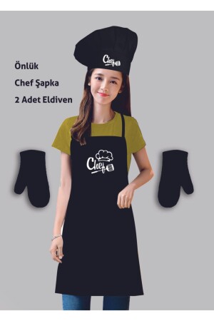 Siyah Mutfak Önlüğü Seti ( Önlük-chef Şapka-2 Adet Eldiven ) ecsiyahsetapron - 1