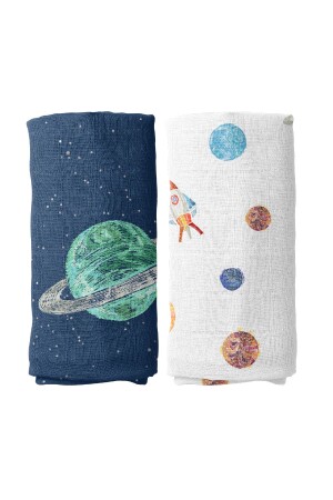 Space Planet Baumwoll-Musselin-Bezugsset (90 x 90 cm, 2 Stück) BABYMUSLIN1010 - 2