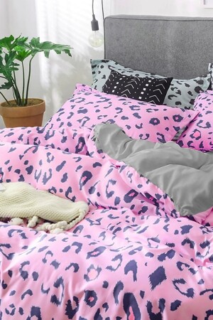 Spannbettlaken-Bettbezug-Set, Doppelbett, Leopardenmuster, Rosa, iqon067 - 5