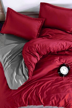 Spannbettlaken-Bettbezug-Set für Einzelbett, Rot-Grau, CLB0055 - 1