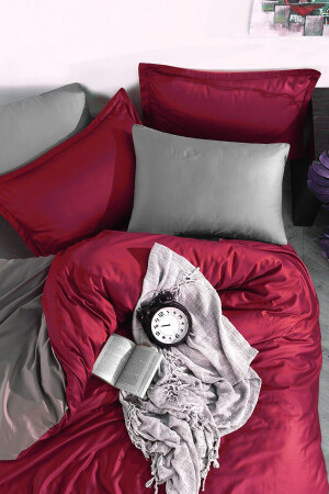 Spannbettlaken-Bettbezug-Set für Einzelbett, Rot-Grau, CLB0055 - 5