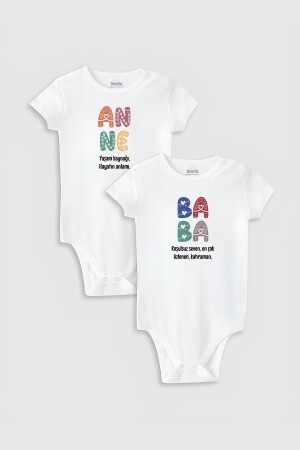 Spezielles Design für Mutter und Vater – 2 Doppel-Baby-Body Weiß Badi Zıbın 5179-5180 - 1