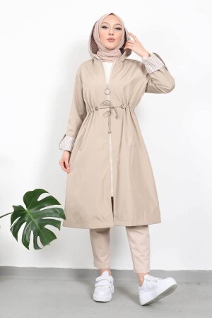 Steinfarbener Hijab-Trenchcoat mit geraffter Kapuze und Kapuze IMJ000688 - 1