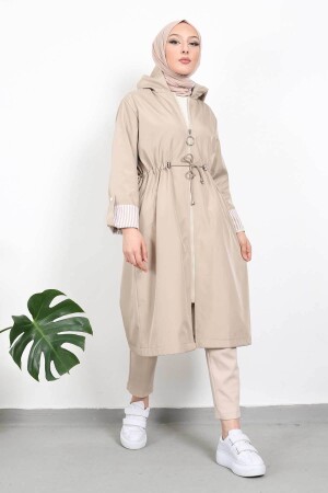 Steinfarbener Hijab-Trenchcoat mit geraffter Kapuze und Kapuze IMJ000688 - 2