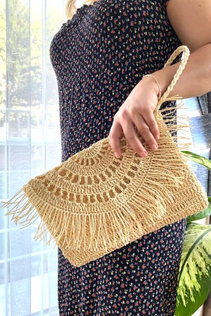 Strohtasche, Raffia-Strickmappe und Clutch-Tasche mit Kleiderbügel, Beige, Art164 - 9