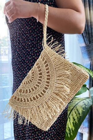 Strohtasche, Raffia-Strickmappe und Clutch-Tasche mit Kleiderbügel, Beige, Art164 - 10