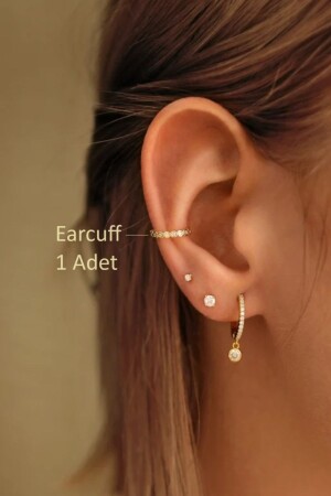 Taşlı Minimal Earcuff Sıkıştırmalı Kıkırdak Küpesi - 2