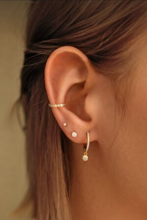 Taşlı Minimal Earcuff Sıkıştırmalı Kıkırdak Küpesi - 5