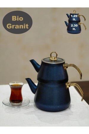 Teekanne mit granitbeschichtetem Goldgriff und Glasdeckel, blau - 2