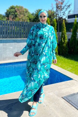 Tesettür Mayo Üzerine Desenli Tek Kaftan Pareo Hawaii 430-133 Yeşil - 5