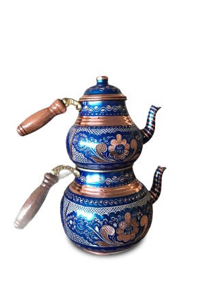 Traditionelle Erzincan bestickte blaue Kupfer-Teekanne mittlerer Größe ERZCAY-1001 - 4