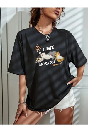 Übergroßes T-Shirt mit „I Hate Mornings Cute Cats“-Aufdruck - 1