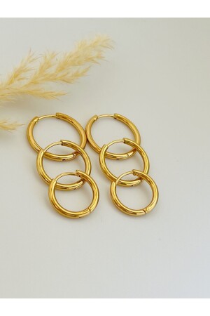 ÜÇLÜ SET ÇELİK GOLD KAPLAMA HALKA KÜPE 12 MM - 15 MM - 18 MM - 4