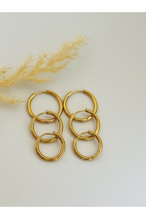 ÜÇLÜ SET ÇELİK GOLD KAPLAMA HALKA KÜPE 12 MM - 15 MM - 18 MM - 5