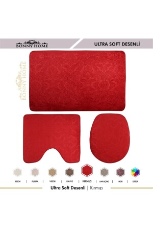 Ultrasoft Desenli 3lü Kırmızı Klozet Takımı Banyo Halısı Paspası Seti UltSoft - 9