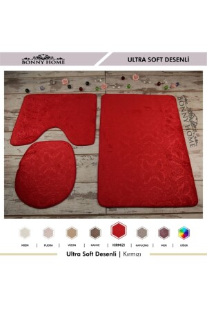 Ultrasoft gemustertes 3-teiliges rotes Toilettenset, Badezimmerteppichmatten-Set UltSoft - 4