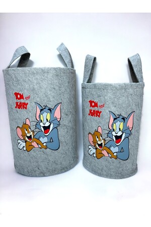 Unisex Gri Tom And Jerry Baskılı Büyük Ve Orta Boy Oyuncak Çamaşır Sepeti - 4