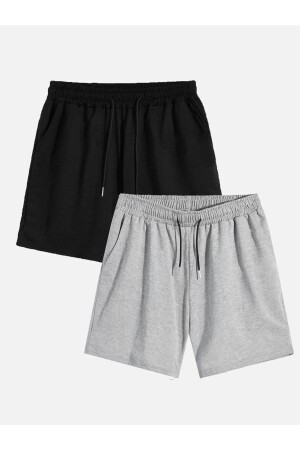 Unisex Schwarz-Graue 2-teilige Basic-Shorts aus gekämmter Baumwolle BasicSortDuz-1 - 3