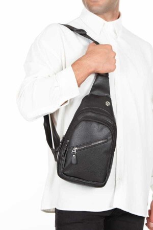 Unisex Schwarzes Leder Kopfhörerausgang Kreuzgurt Taille Umhängetasche Tägliche Reisetasche Einhandgriff Yuppy 1050 - 9