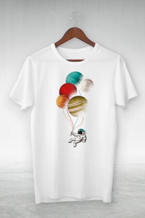 Unisex weißes Ballon- und Astronauten-Illustrations-T-Shirt vom Planeten - 1