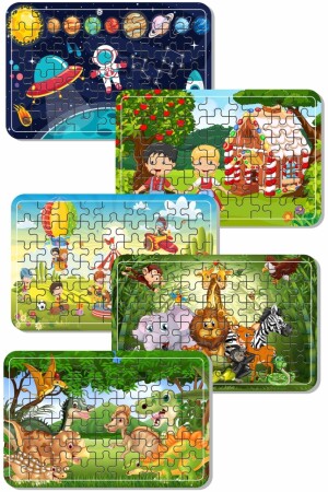 Uzay- Dinazor- Oyun- Hayvanlar 54 Parça Ahşap Puzzle Yapboz 5'li Set - 2