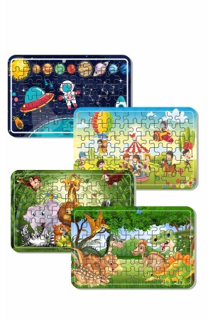 Uzay, Sevimli Dinazorlar, Oyun Zamanı, Sevimli Hayvanlar 54 Parça 4 Adet Ahşap Puzzle Set A41949 - 2