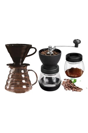 V60 Dripper Cam Sürahi Değirmen Set GcV603'setSiyahFk - 3