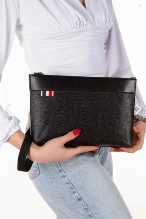 Vegan Deri Siyah Deriden Su Geçirmez Bilek Askılı Seyahat Portföy Clutch Unisex El Çantası (28*18CM) - 3