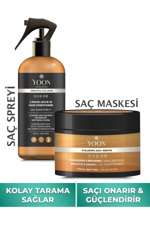 Vegan Saç Bakım Spreyi & Maskesi 250ml- Hyaluronik Asit- Keratin- Kolajen ve B7 Biotinli 2'li Set - 1