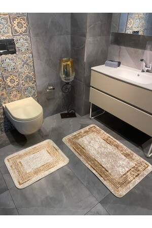 Versace Desenli 2'li Kaymaz Taban Banyo Paspas Takımı (60x100 - 60x50) Bej-altın BYD-CLORISAPASPAS - 2