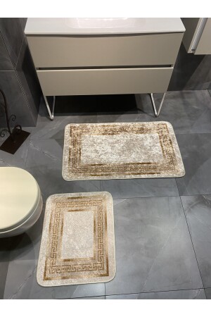 Versace Desenli 2'li Kaymaz Taban Banyo Paspas Takımı (60x100 - 60x50) Bej-altın BYD-CLORISAPASPAS - 5